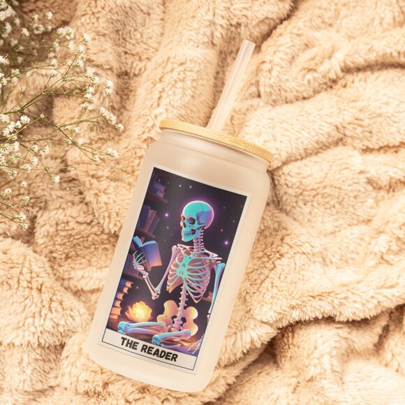 The Reader, Reader Tarot Card Tumbler, Gothic Mug, Iridescent Skeleton Glass Cup - Picture 7 of 7